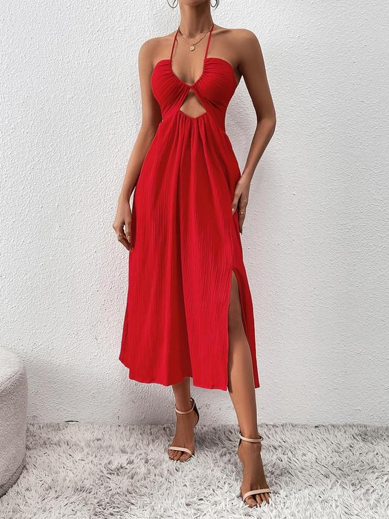 Women'S Cut Out Tie Backless Halter Split Cami Dress, Summer Clothes Women, Sleeveless A-Line Long Dresses for Night Out Party Holiday, Ladies Summer Clothes