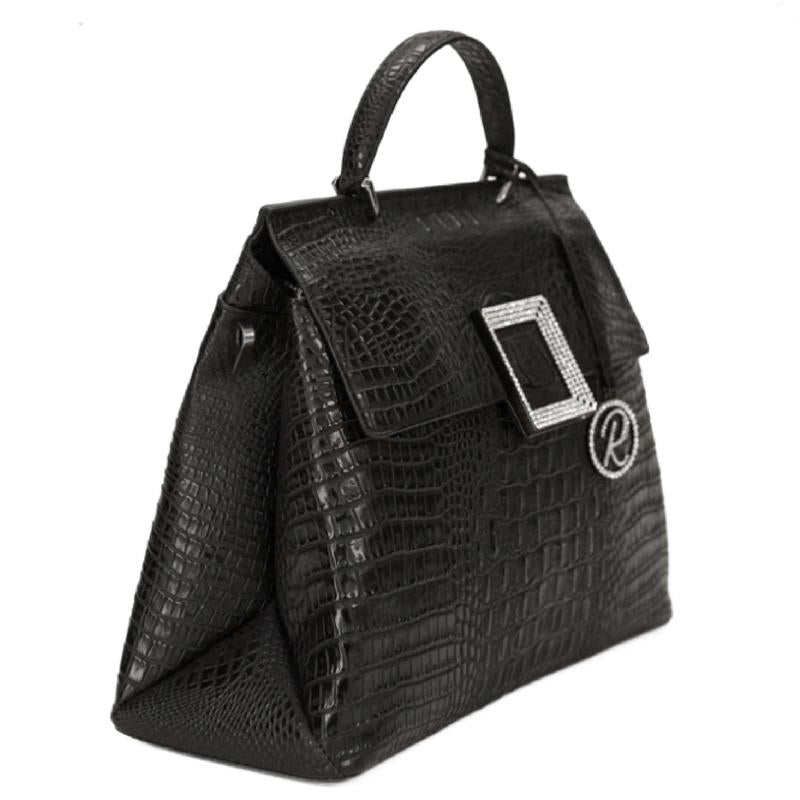 Raviani Italian Black Crocodile Embossed Leather with Crystal Satchel Purse
