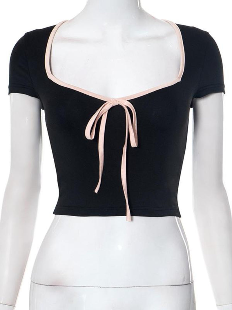 Women'S Chic Y2K Streetwear Plain Bow Contrast Binding Sweetheart Neck Crop Tee, Womenswear, Lady Feminine Basic Trendy Casual Comfort Short Sleeve T-Shirt for Summer, Going Out Tees, Women'S Minimalist Tops for Outdoor, Streetwear, T Shirts for Women