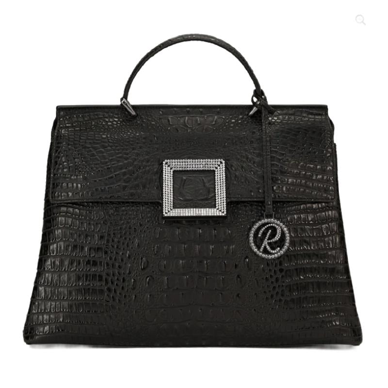 Raviani Italian Black Crocodile Embossed Leather with Crystal Satchel Purse