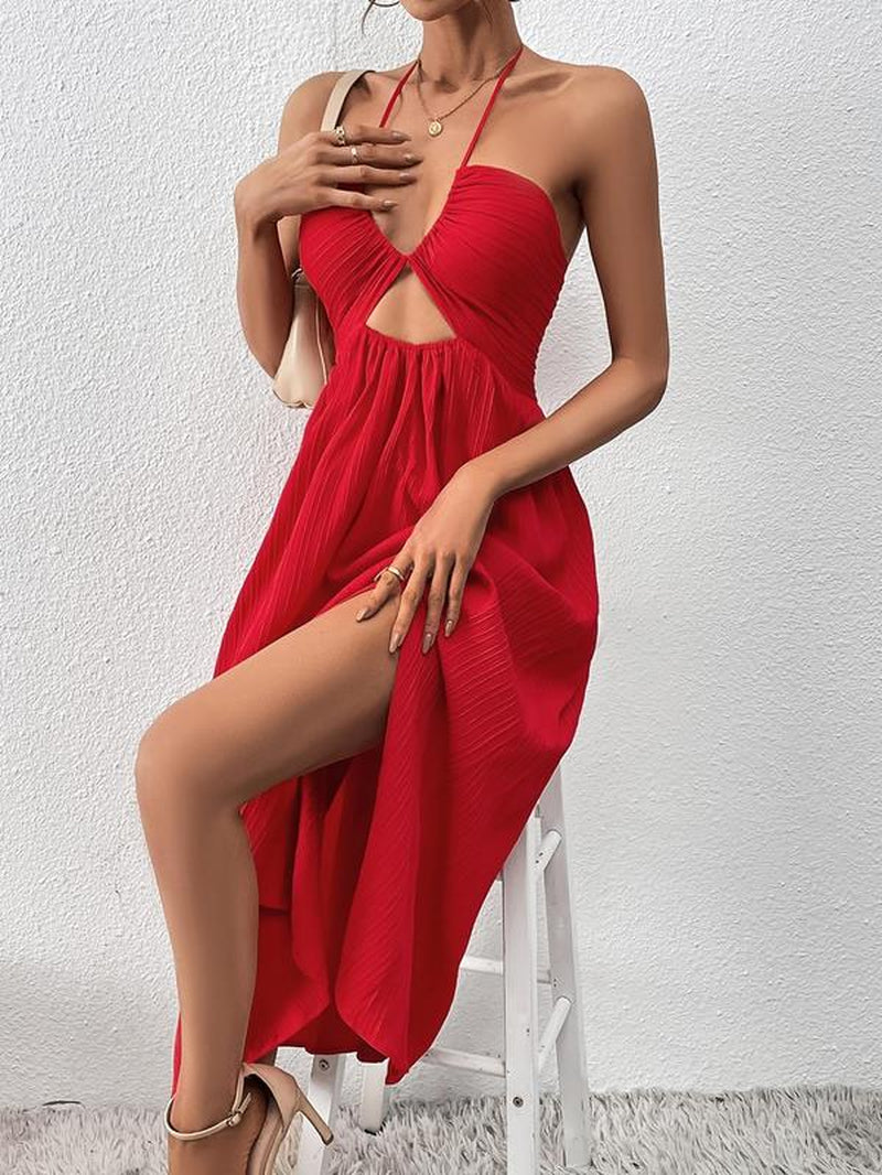 Women'S Cut Out Tie Backless Halter Split Cami Dress, Summer Clothes Women, Sleeveless A-Line Long Dresses for Night Out Party Holiday, Ladies Summer Clothes