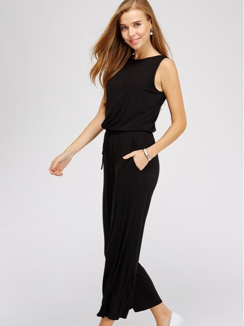 Ella Black Jumpsuit Scoop Back Pockets