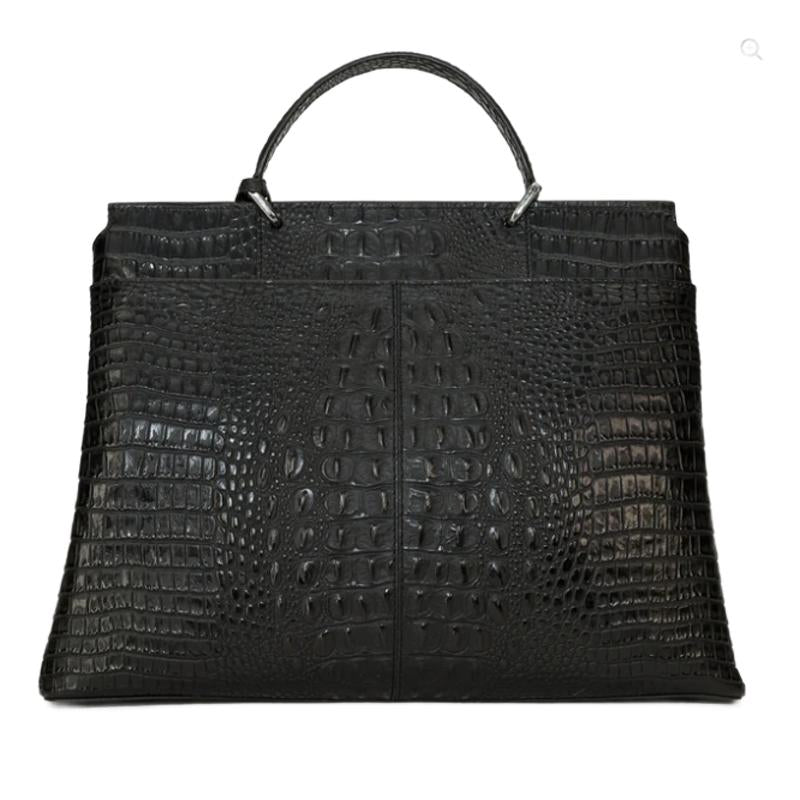 Raviani Italian Black Crocodile Embossed Leather with Crystal Satchel Purse