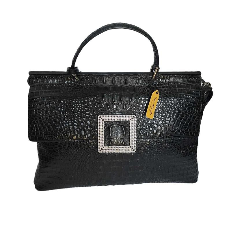 Raviani Italian Black Crocodile Embossed Leather with Crystal Satchel Purse