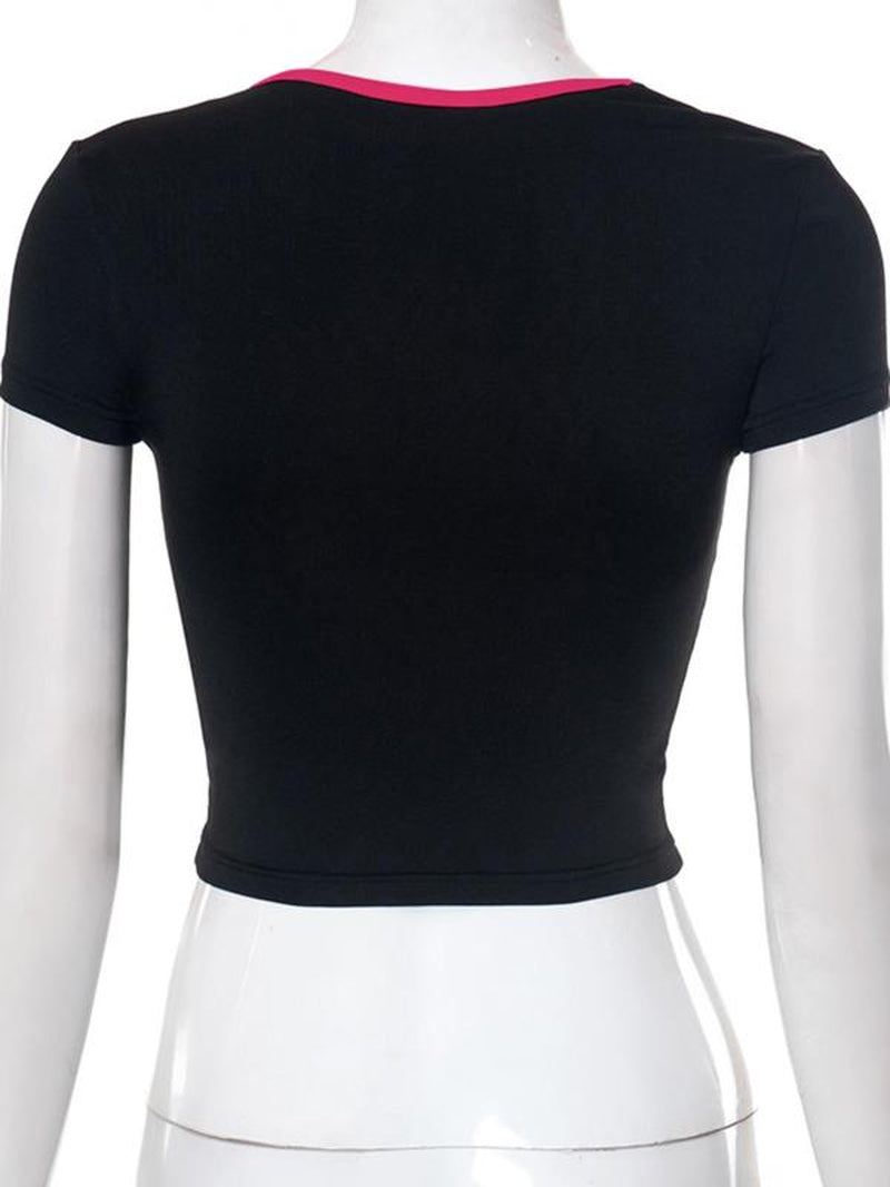 Women'S Chic Y2K Streetwear Plain Bow Contrast Binding Sweetheart Neck Crop Tee, Womenswear, Lady Feminine Basic Trendy Casual Comfort Short Sleeve T-Shirt for Summer, Going Out Tees, Women'S Minimalist Tops for Outdoor, Streetwear, T Shirts for Women