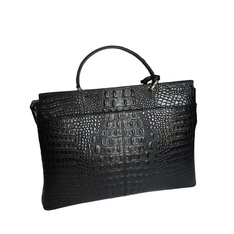 Raviani Italian Black Crocodile Embossed Leather with Crystal Satchel Purse