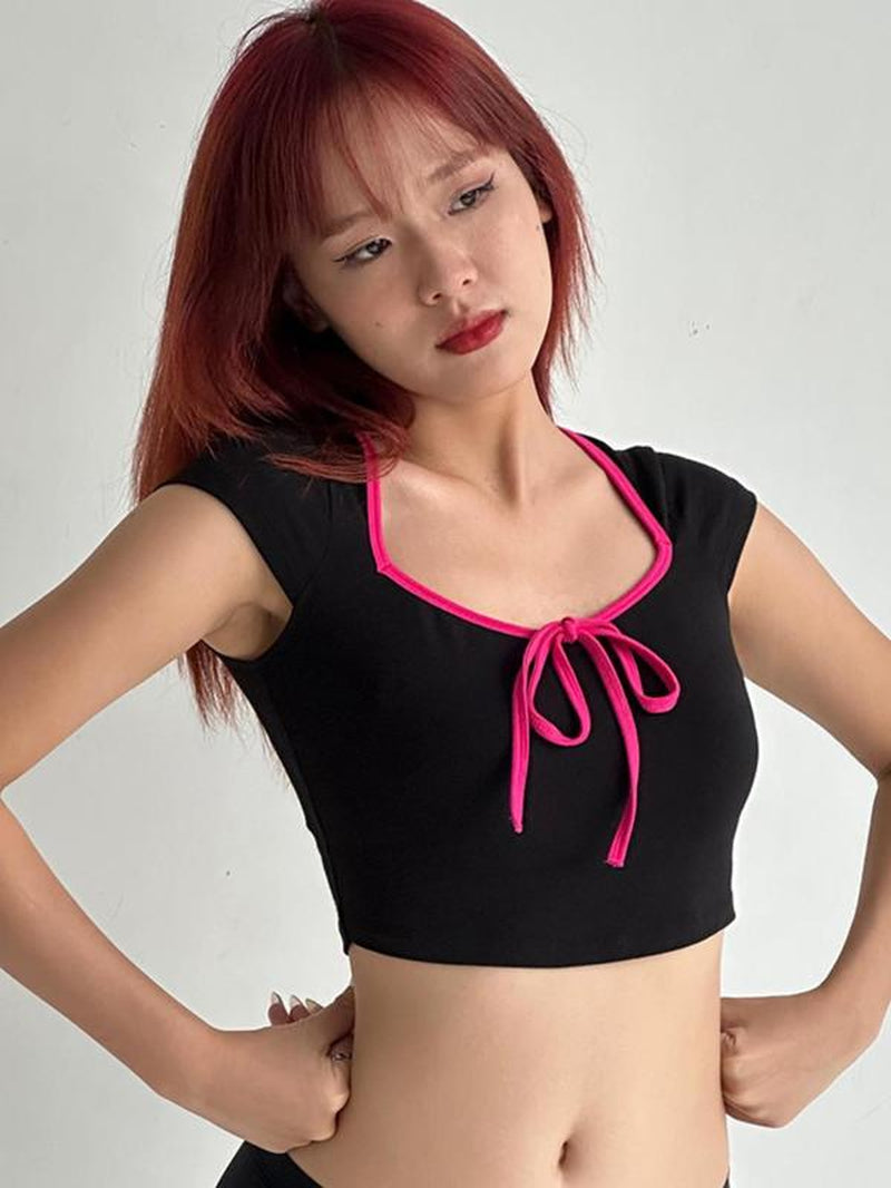 Women'S Chic Y2K Streetwear Plain Bow Contrast Binding Sweetheart Neck Crop Tee, Womenswear, Lady Feminine Basic Trendy Casual Comfort Short Sleeve T-Shirt for Summer, Going Out Tees, Women'S Minimalist Tops for Outdoor, Streetwear, T Shirts for Women