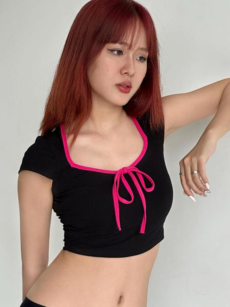 Women'S Chic Y2K Streetwear Plain Bow Contrast Binding Sweetheart Neck Crop Tee, Womenswear, Lady Feminine Basic Trendy Casual Comfort Short Sleeve T-Shirt for Summer, Going Out Tees, Women'S Minimalist Tops for Outdoor, Streetwear, T Shirts for Women