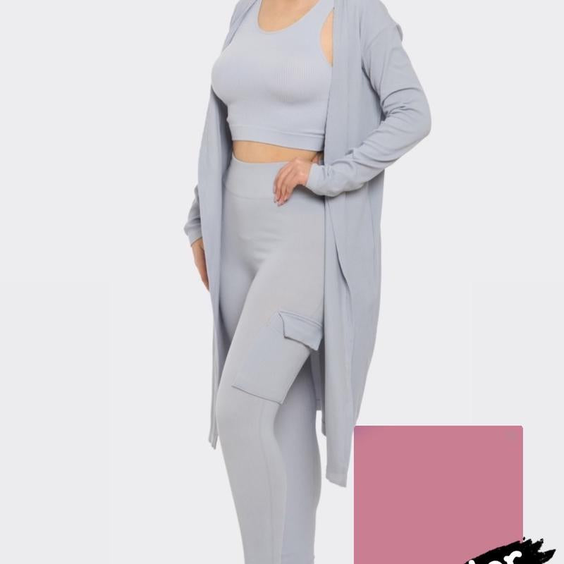 3 Pc Set Stretch Active Wear Two-Piece Set Long Sleeve